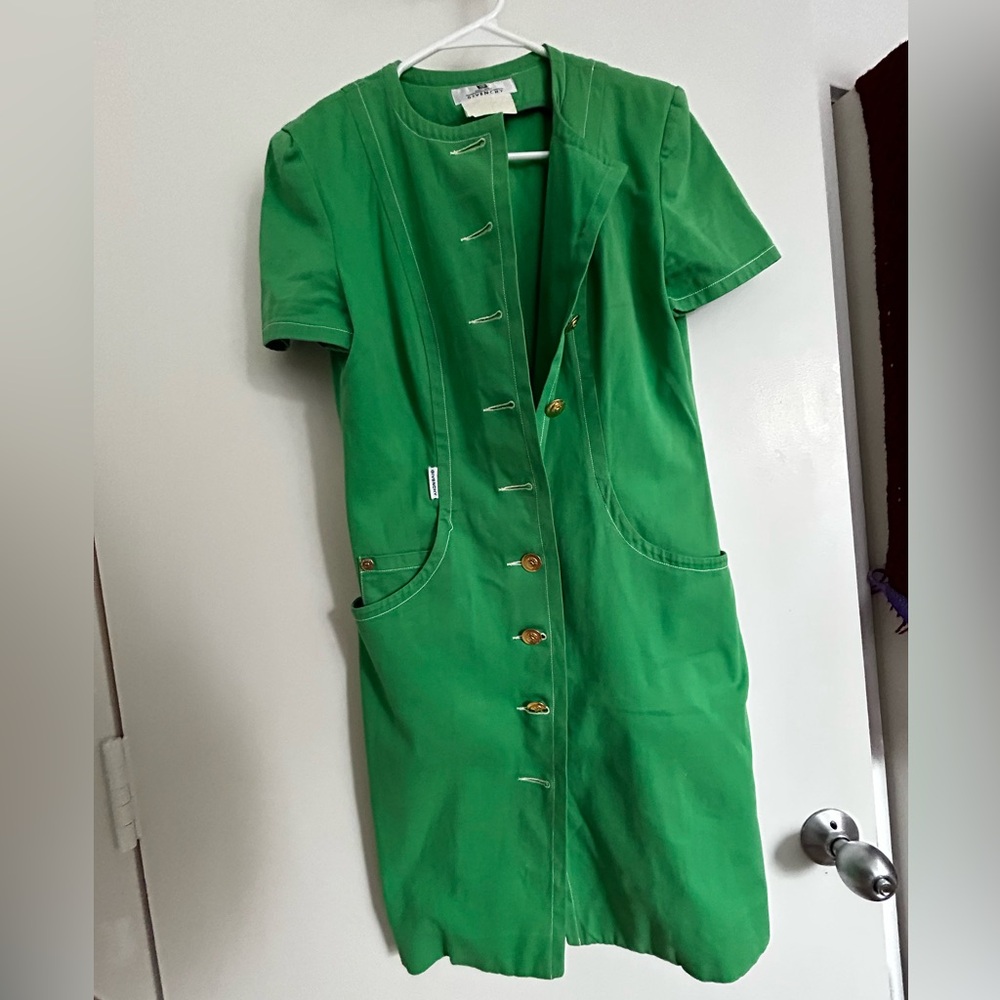 Givenchy green cotton gold button dress with and white stitching